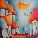 Bajkowe miasteczko kotów - obraz akrylowy 40x50 cm (domki, koty)