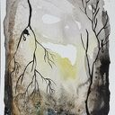 Obraz abstrakcyjny „Drzewa” - tusz i akwarela na papierze 12,5 x 18 cm