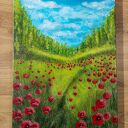 Pejzaż akrylowy 40x30 cm „Wśród karminowych maków” - ręcznie malowany na płótnie