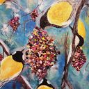 Uczta - ręcznie malowany obraz akrylowy ptaki i natura na płótnie 40 x 40 x 2 cm