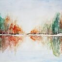 Pejzaż Jesienny II - akwarela 40x30 cm: drzewa w jesiennych barwach