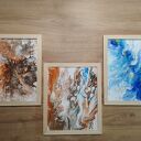 Tryptyk energetyczny Pouring z ramami - 3 ręcznie malowane obrazy 24x30 cm