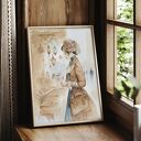 Akwarela vintage - portret kobiety z epoki wiktoriańskiej, ręcznie malowana z dodatkiem kawy, passe-partout 40 x 50 cm