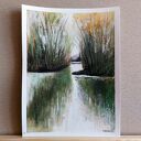 Pejzaż akwarela i pastele 18x24 cm - beż, zieleń, biel 