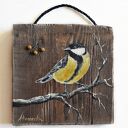 Ptak sikorka obraz malowany na desce /14/
