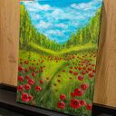 Pejzaż akrylowy 40x30 cm „Wśród karminowych maków” - ręcznie malowany na płótnie