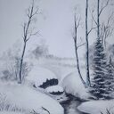 OBRAZ RĘCZNIE MALOWANY AKRYLOWY "POD ŚNIEŻNĄ POKRYWĄ"