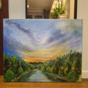O zachodzie - obraz 100x80 cm z rzeką i lasem