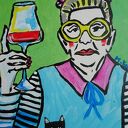 Obraz Babcia z lampką wina - akryl na płycie 21 x 29 cm, limitowana edycja