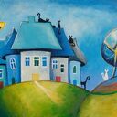 Bajkowe miasteczko kotów - obraz akrylowy 30x20 cm