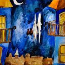 "Anioł i koty" akwarela - magia miasteczka nocą