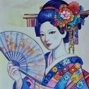 Postać Japonki Yuzuki - oryginalna akwarela A4 ze złotą folią
