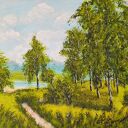 OBRAZ RĘCZNIE MALOWANY AKRYLOWY "BRZOZOWĄ POLANĄ" - 24x30cm