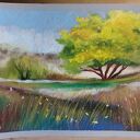 Żółte drzewo - obraz 18 x 24 cm z pastelami suchymi