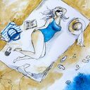 "Body positive 3" akwarela artystki Adriany Laube - kobieta, plaża, morze, lato