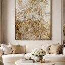 Ręcznie malowany obraz strukturalny 3D XXL - płaskorzeźba 70x100 cm, biel, krem i złoto