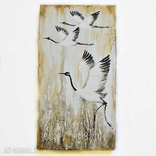 Żurawie obraz ptaki malowane na desce /26/