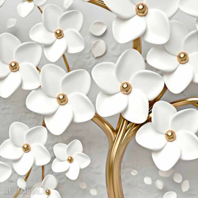 Obraz na płótnie - DRZEWO BIAŁY ZŁOTY KWIATY - 120x80 cm (98401)