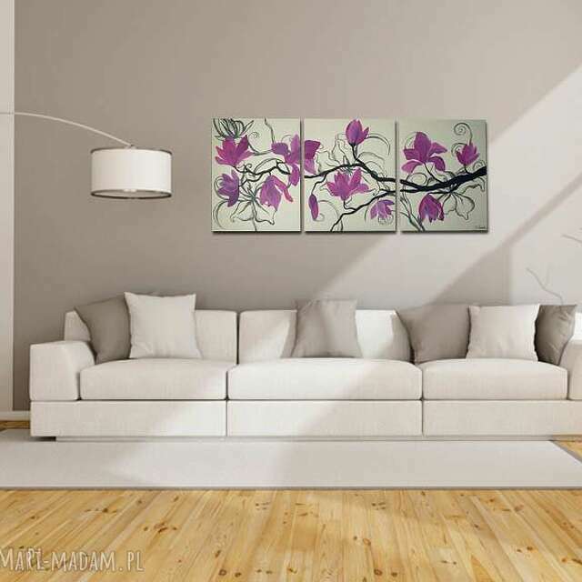 Recznie malowane magnolie różowo fioletowe -120x50cm