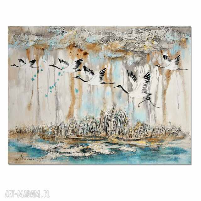 Żurawie 24 ptaki obraz do salonu malowany na płótnie