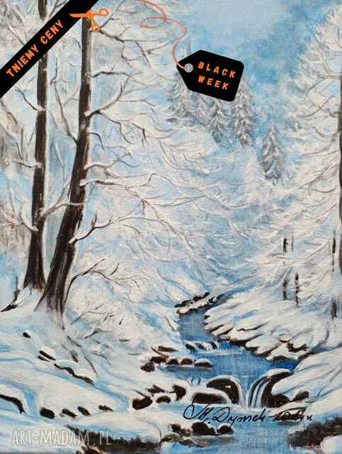 OBRAZ RĘCZNIE MALOWANY AKRYLOWY "W ZIMOWEJ BAŚNI" - 30x24cm