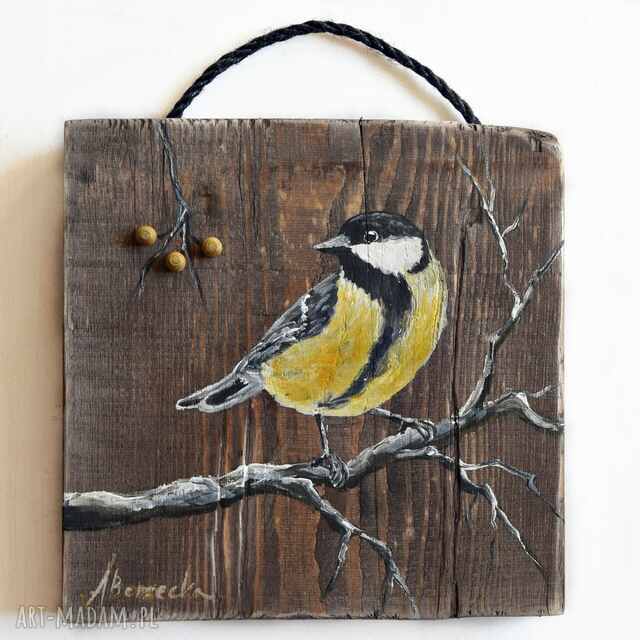 Ptak sikorka obraz malowany na desce /14/