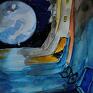 Art Akwarela i piórko "Pełnia w mieście" artystki plastyka Adriany Laube księżyc
