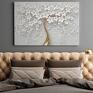 szare kwiaty obraz na płótnie - drzewo biały złoty - 120x80 glamour