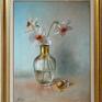 turkusowe kwiaty sztuka żonkile w wazonie, ręcznie malowany obraz olejny
