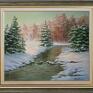 Zimowa Pora w Lesie, obraz olejny L. Olbrycht ręcznie malowany las rzeka