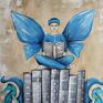 Anioł Bibliofil 14, obraz ręcznie na płótnie, collage, w drewnianej ramie malowany prezent