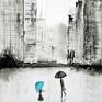turkusowe 30x40 cm, deszczowa ulica obraz ręcznie malowany