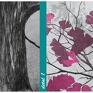 ludesign gallery Obraz do salonu drukowany na płótnie z drzewem w odcieniach różu 02592 grafika z zlote liście drzewo