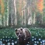 Spotkanie obraz olej płótno 60x80 natura łąka dmuchawce jesień - las we mgle niedźwiedź plakat