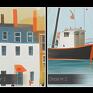 kolorowy obraz na płótnie - domki miasto port dla dziecka z łódkami