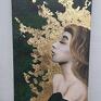 "Szmaragdowa Dama" - Obraz olejny, 30x70 cm - olej na płótnie złoty
