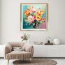 Nowoczesny z turkusowy z pomarańczowymi - wydruk artystyczny 50x50cm - obraz kwiatami kwiaty