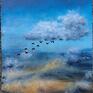 "Kierunek - południe" - Obraz olejny na płótnie, 50x60 cm - ptaki dekoracja krajobraz abstrakcja