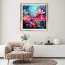 Granatowy z różowymi kwiatami - abstrakcyjny 50x50 cm - kwadratowy obraz kolorowe kwiaty plakat florystyczny