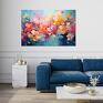 Kolorowy z niebieski z pomarańczowymi kwiatami - wydruk na płótnie 90x60 cm poziomy obraz kwiaty