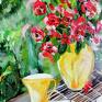 "A cup of tea' Obraz akrylowy recznie malowany na płótnie - martwa kwiaty pejzaż
