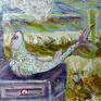 Obraz olejny na płótnie. 30x40 cm. Rybka smażona na piecu nad złotym morzem. Boki w kolorze ultramaryny. Ryba