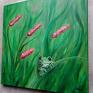 obraz stukturalny kwietna łąka olej płótno 40x40 żaba kwiaty zieleń różowe
