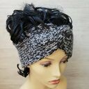 Ciepła, szeroka opaska turban z włóczki - czarna i popiel (Alba Design)