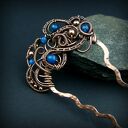 Miedziana ozdobna szpilka do włosów z agatem - wire wrapping