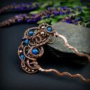 Miedziana ozdobna szpilka do włosów z agatem - wire wrapping