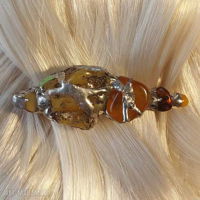 Spinka - klamra do włosów z bursztynami oprawionymi w technice Tiffany