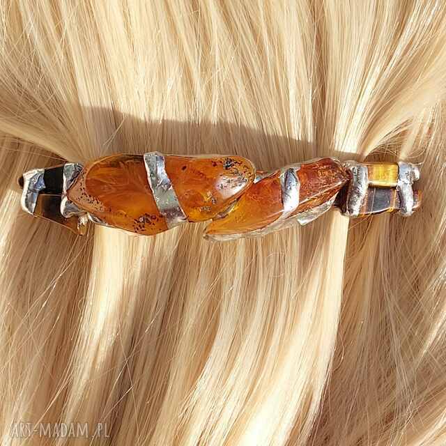 Spinka - klamra do włosów z bursztynami oprawionymi w technice Tiffany