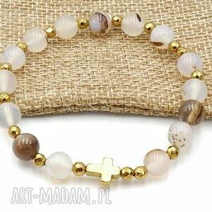 Prezent Bransoletka różaniec na rękę agat szaro beżowy rękodzieło