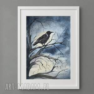 akwarela czarny kruk halloween, noc drzewo, ptak